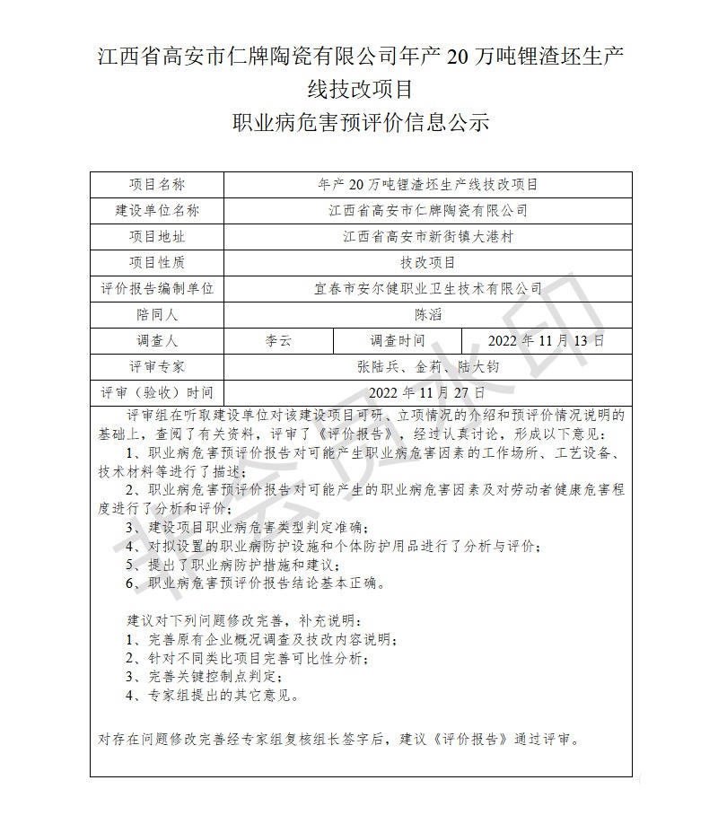 江西省高安市仁牌陶瓷有限公司年產(chǎn)20萬噸鋰渣坯生產(chǎn)線技改項目職業(yè)病危害預(yù)評價信息公示.jpg