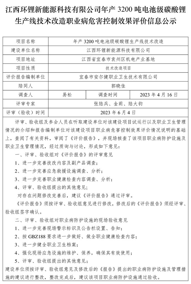 1685956885620660.jpg 江西環(huán)鋰新能源科技有限公司年產(chǎn)3200噸電池級碳酸鋰生產(chǎn)線技術(shù)改造職業(yè)病危害控制效果評價(jià)信息公示.jpg