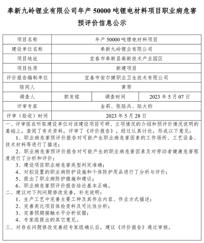 奉新九嶺鋰業(yè)有限公司年產50000噸鋰電材料項目職業(yè)病危害預評價信息公示.jpg